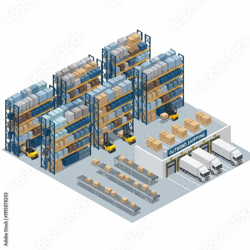 Isometric view of a large warehouse with shelves, forklifts, and loading docks.