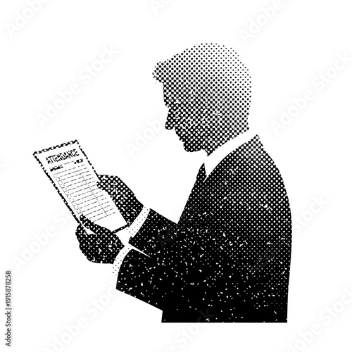 Businessman in suit reading attendance sheet, halftone effect