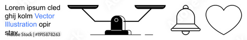 Justice, legal system, notifications, love, equality, minimalism. A balance scale, bell and heart icons in simple design. Justice and notifications through balance and alarm concepts