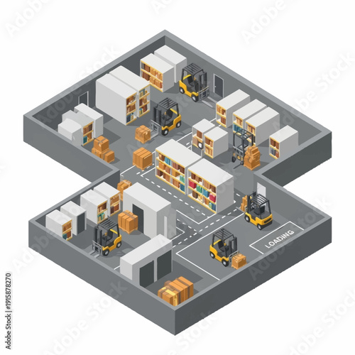 Isometric view of a modern automated warehouse with robots and shelves.