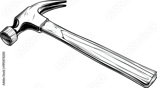 A black and white illustration of a claw hammer, depicted from a diagonal perspective