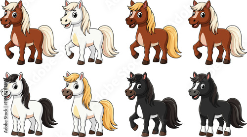 Cartoon horses in colorful styles, vector animal set for kids design, farm pony illustration, cute character clip art collection