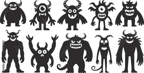 Cartoon monster silhouettes collection, playful vector creatures, black shapes, Halloween characters, kids design, fantasy beasts, unique horns, eyes, teeth, expressions