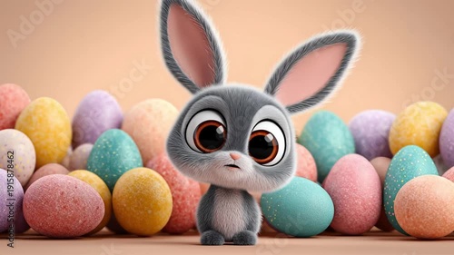 A cute cartoon bunny character stands in front of a pile of colorful Easter eggs video