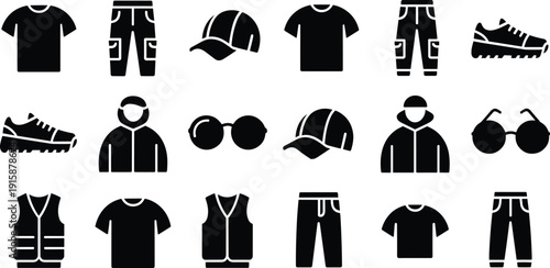 Casual clothing and accessories vector illustration, featuring modern apparel icons such as shirts, pants, caps, hoodies, shoes and sunglasses in clean black silhouette style