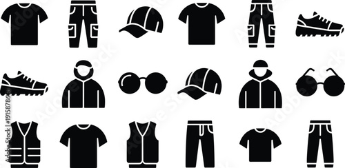 Casual clothing and accessories vector illustration, featuring modern apparel icons such as shirts, pants, caps, hoodies, shoes and sunglasses in clean minimal silhouette style