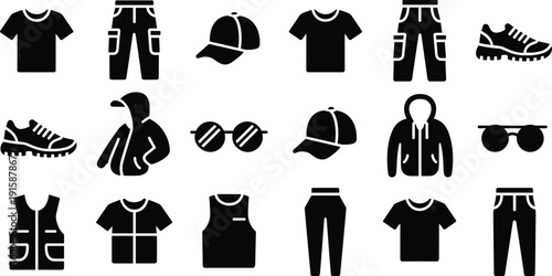 Casual clothing and accessories vector illustration, featuring modern apparel icons such as shirts, pants, hoodies, caps, shoes and sunglasses in clean minimal silhouette style
