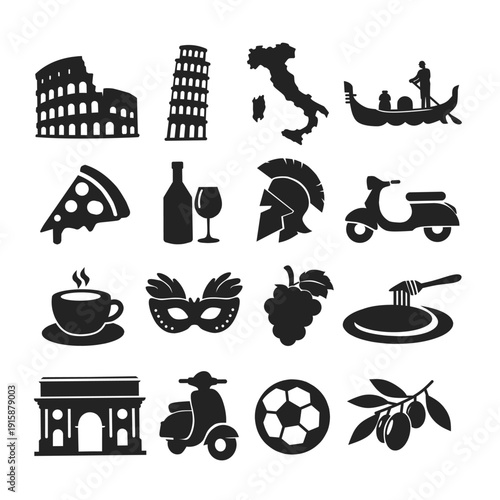 Italy culture icons set in black silhouette style featuring famous landmarks, food, wine, scooter, and symbols