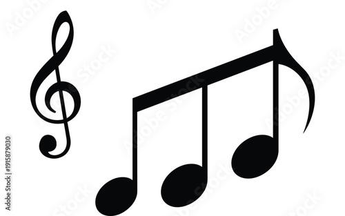 Musical treble clef with eighth notes and sixteenth note group, black silhouette vector illustration for audio design, songs, and melody.