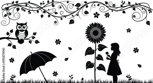 Charming nature scene silhouette of little girl with sunflower, owl on tree branch and umbrella, whimsical floral garden illustration ideal for children’s storybook and nursery decor