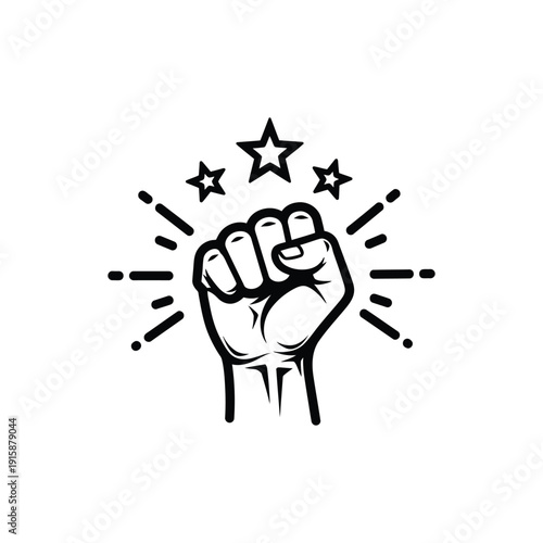 A raised fist with three stars and motion lines, symbolizing power and determination, in a bold illustration style