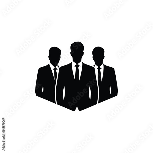 Three businessmen in suits standing together, vector illustration on a plain background