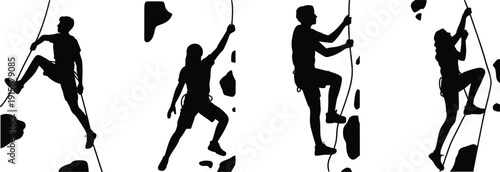 Black silhouettes of climbers scaling vertical surfaces with ropes and harnesses, vector illustration highlighting rock climbing sport, physical efforesign