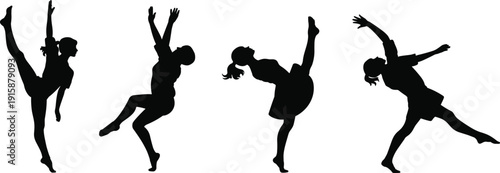 Black silhouettes of dancers in dynamic poses showcasing flexibility, balance, and expressive motion, vector illustration highlighting artistry, form, and ign