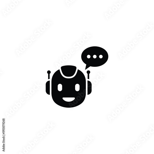 Robot head illustration with speech bubble and antennae in simple design
