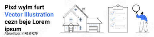 House graphic alongside a checklist and a person analyzing via magnifier. Ideal for real estate, property inspection, task management, planning, quality control, home buying, simple landing page