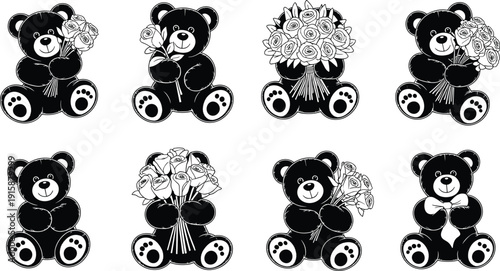 Cartoon teddy bear illustration featuring cute black and white plush toys holding rose bouquets, romantic gift design with bow tie accents and playful character artwork