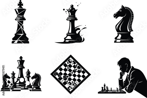 Chess king, queen, knight, strategy board, geometric design, artistic silhouette, thoughtful player, abstract illustration, black and white vector art, creative concept