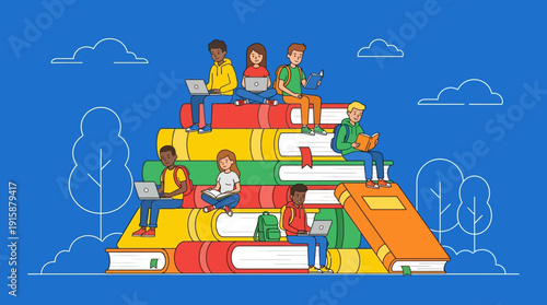 Diverse Students Studying on Giant Books Stack. E-learning, Reading, and Technology Use in Education. Flat Line Art Illustration.