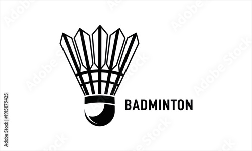 Black and white badminton shuttlecock with text on a white background.
