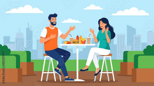 Happy Couple Eating Fast Food Lunch Outdoors: Flat Vector Illustration of Man and Woman Talking and Laughing on Urban City Terrace with Skyline Background.