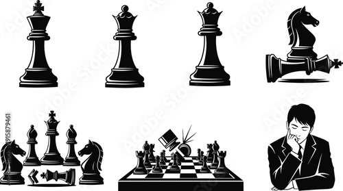 Chess king, queen, knight, toppled pieces, strategy, competition, thinking man, chessboard gameplay, black and white vector illustration, intellectual battle, abstract art