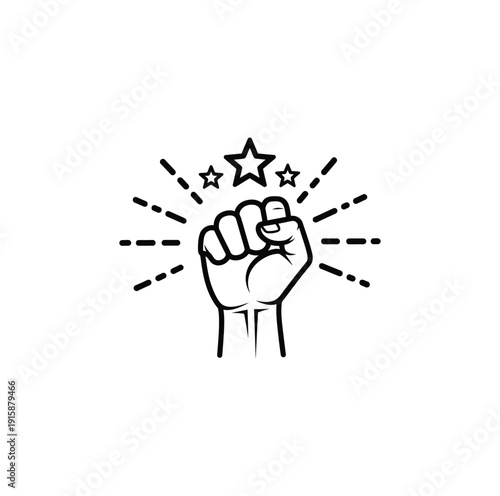 A clenched fist with stars radiating power and strength in a bold illustration