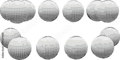 Collection of 3D wireframe spheres and globes in various clusters and angles for high tech engineering, virtual reality, data science, and geometric design.