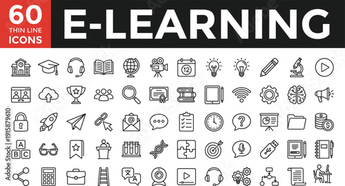 E Learning Thin Line Icons Set, Online Education, Digital Course and Training Editable Stroke Vector Collection on White Background