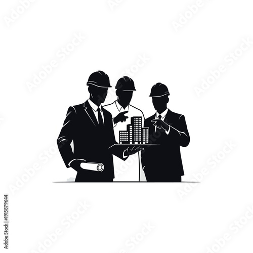 Three professionals in hard hats examining a cityscape model together, discussing urban development plans in a collaborative meeting setting from a straightforward viewpoint