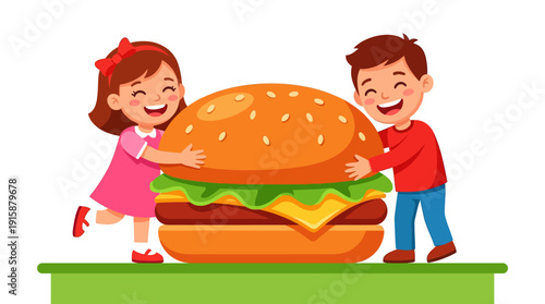 Happy Cartoon Kids Hugging Giant Hamburger. Excited Boy and Girl Embracing Huge Fast Food Burger on Table.