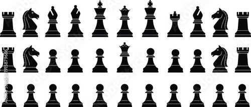 Chess pieces silhouettes collection set, king queen rook bishop knight pawn icons, classic board game elements, black vector illustration for strategy, competition, education design
