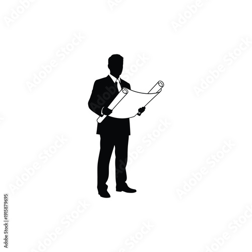 Businessman examining architectural blueprint with focus on design details in a professional setting