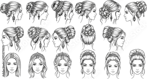 Collection of 20 black-and-white women’s hairstyle illustrations featuring elegant updos, braids, and formal hair designs for fashion, beauty, and styling references.