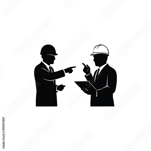 Two businessmen in hard hats discussing a project while standing and pointing at documents