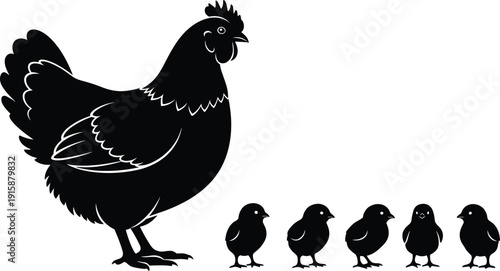 Chicken and chicks silhouette illustration showing hen with baby chicks, farm animal motherhood and poultry farming concept isolated on white background for agriculture and education design
