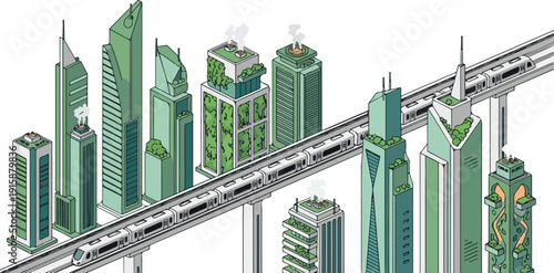 Futuristic cityscape illustration with monorail and skyscrapers viewed from high angle
