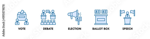 Politics banner web icon illustration concept with icon of vote, debate, election, ballot box, speech