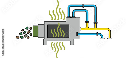 Industrial machinery processing coffee beans with pipes and heat emission in a factory environment