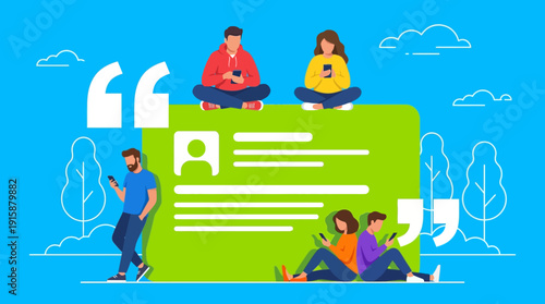 Customer Testimonial and Online Review Concept. People using mobile phones for social media, surrounded by large quote marks and user profile box.