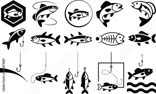 Black and white fishing icons featuring stylized fish, skeletons, hooks, and fish caught on hooks, bold vector illustration for fishing graphics, logos, and educational materials