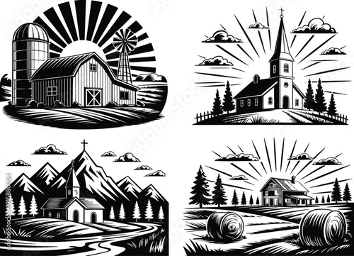 Black and white rural landscape illustration featuring barns, churches, farmhouses, silos, windmills, pine trees, hay bales, mountains, clouds, and sun rays in tranquil countryside scenes