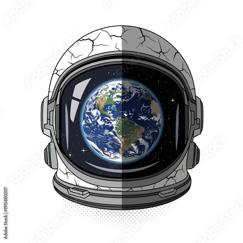 Astronaut helmet reflecting Earth and space