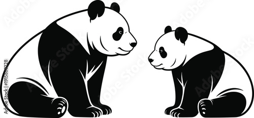 Black and white stylized illustration of two pandas sitting together, minimalist vector design symbolizing parental care, companionship, wildlife, tenderness, and cultural art representation
