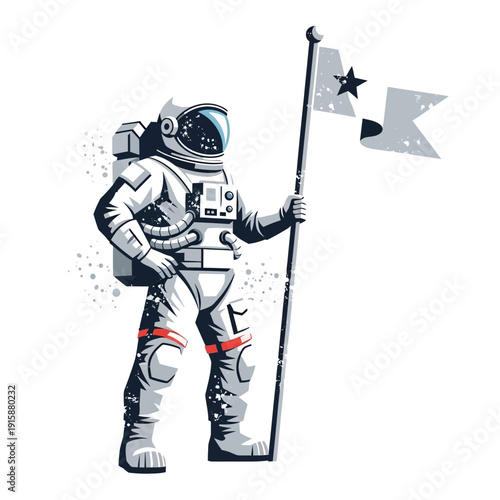 Astronaut holding flag on white background, space exploration, science