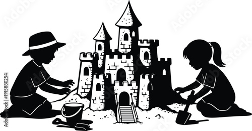 Children building sand castle silhouette vector illustration, boy and girl playing with beach toys, summer vacation childhood creativity and imagination concept