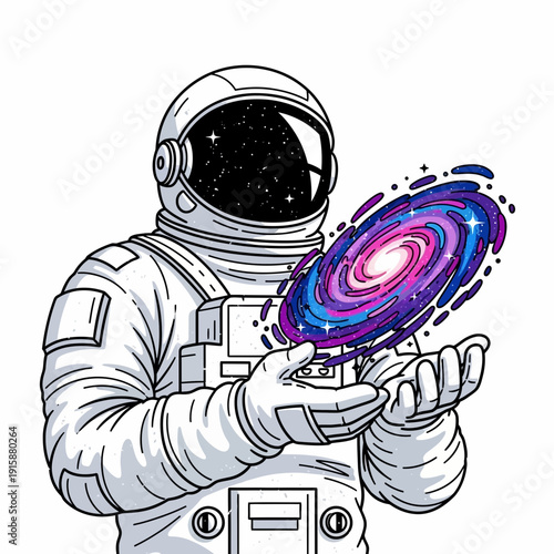 Astronaut holding galaxy in hands, outer space exploration concept