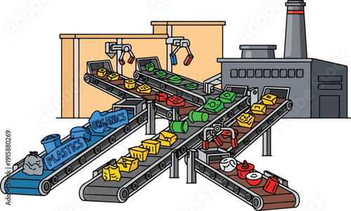 Industrial production line with colorful bottles being sorted and moved on conveyor belts in a factory setting