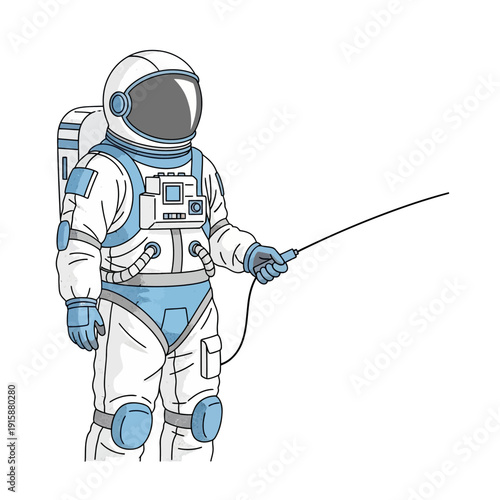 Astronaut in space suit holding a cable, isolated on white