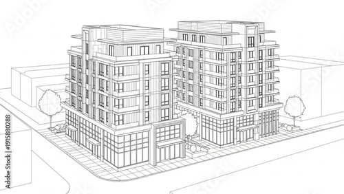 Architectural line drawing of modern residential buildings in urban development